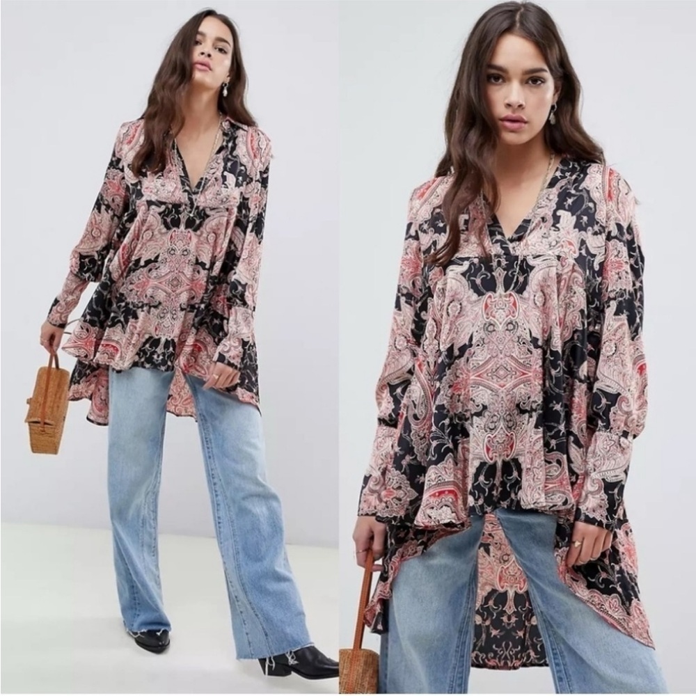 Free People Field of Butterflies Tunic Top - Red/Black/Tan - Size Extra Small XS
